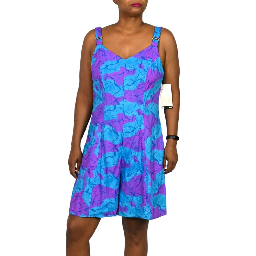 Vintage Basic Editions Romper Blue Purple Print Playsuit Shorts Rayon 90s Large